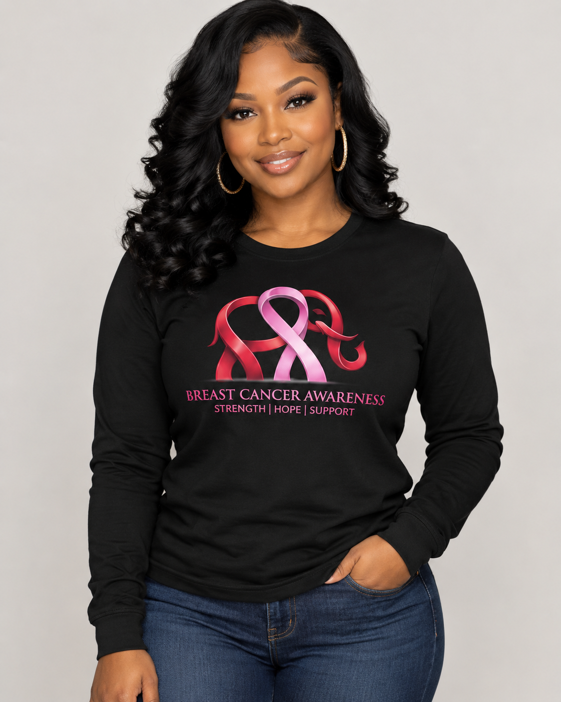 Breast Cancer Awareness Elephant Ribbon Long Sleeve Shirt - Black