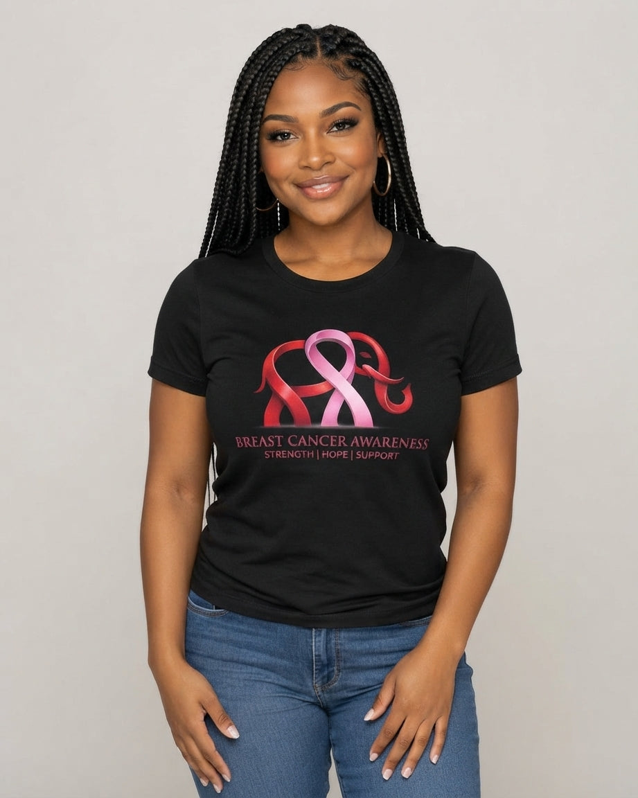 Breast Cancer Awareness Elephant Ribbon T-Shirt - Black
