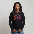 Woman wearing black Domestic Violence Awareness Elephant Ribbon Long Sleeve Tee