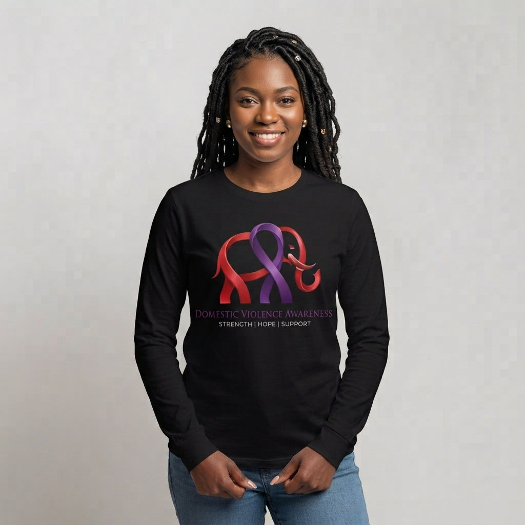 Woman wearing black Domestic Violence Awareness Elephant Ribbon Long Sleeve Tee