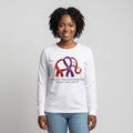 Woman wearing white Domestic Violence Awareness Elephant Ribbon Long Sleeve Tee