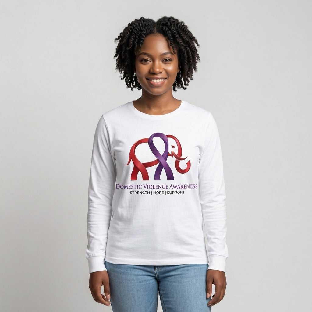 Woman wearing white Domestic Violence Awareness Elephant Ribbon Long Sleeve Tee