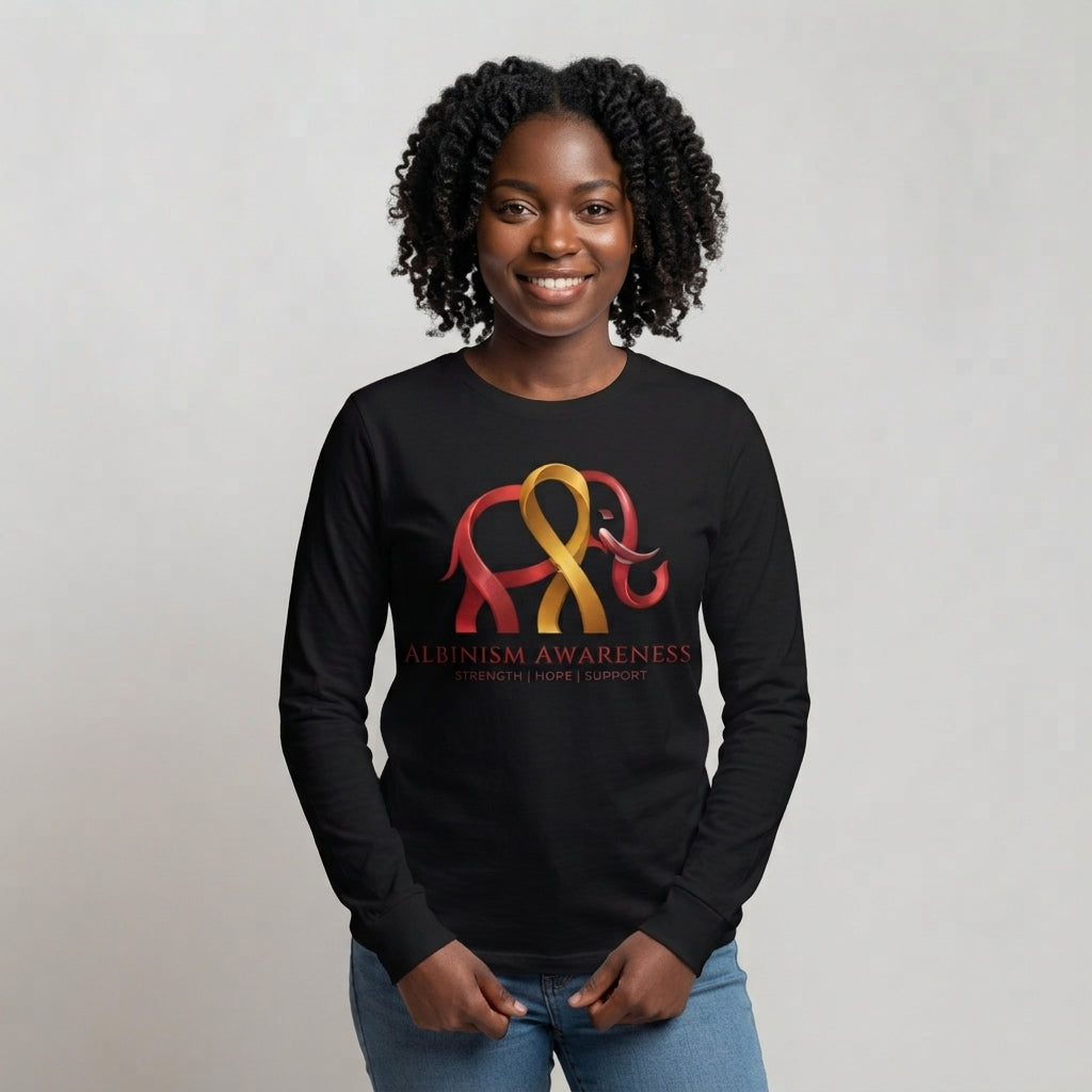 Woman wearing Albinism Awareness long sleeve tee with elephant and ribbon graphic in red and gold on black